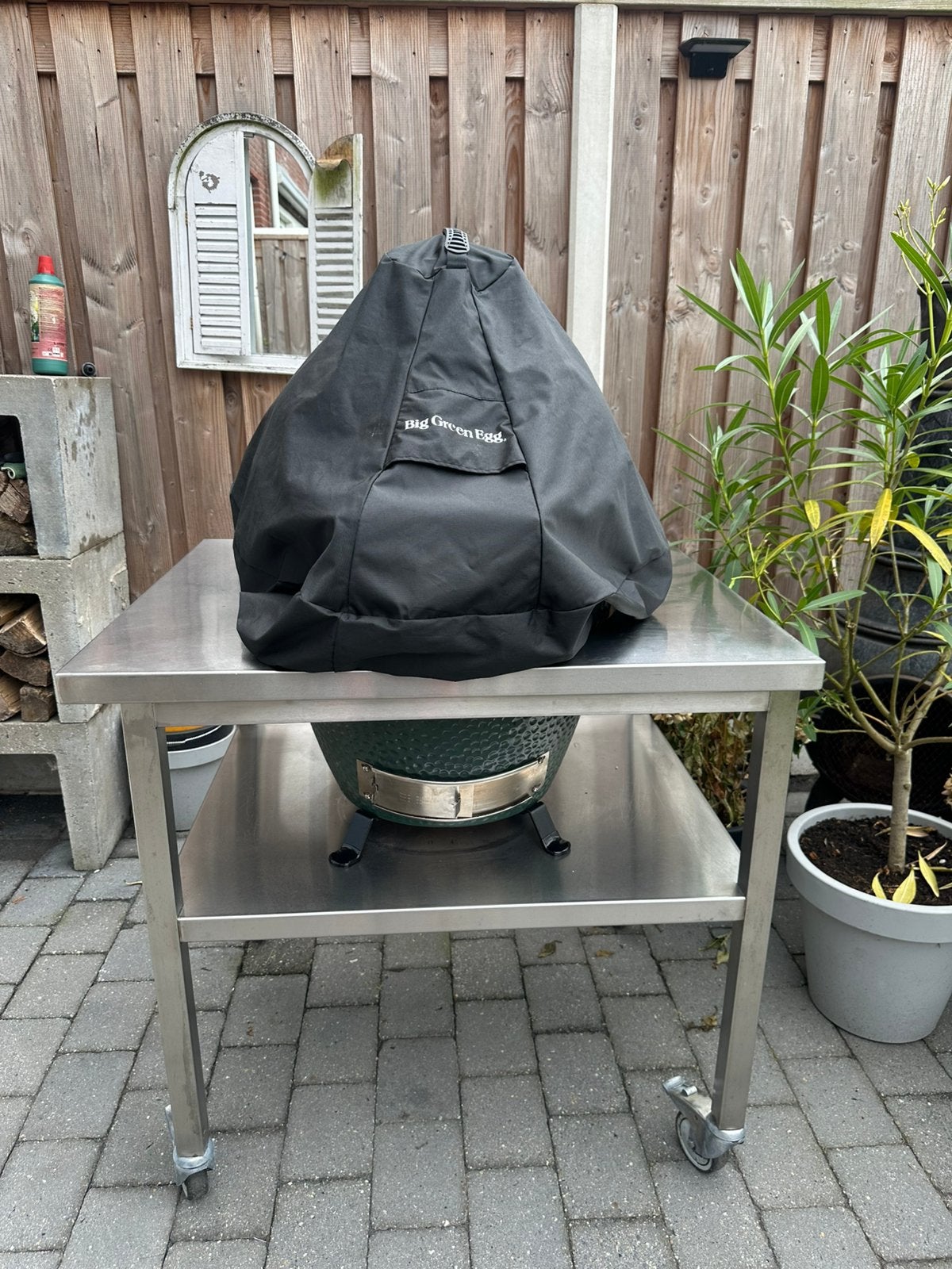 Big Green egg large incl RVS tafel., Ophalen, Gebruikt, Met accessoires