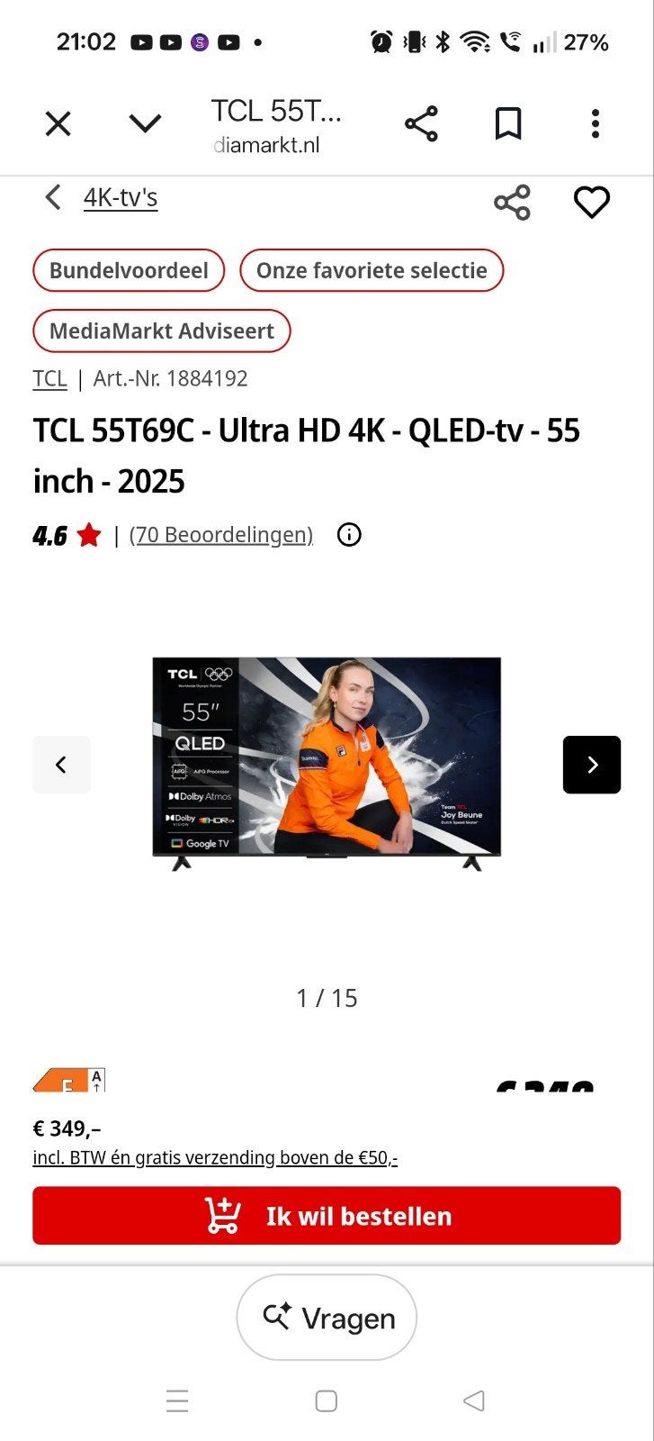 Tcl 55t69c 55 inch qled tv Google tv, Autres marques, QLED, 120 Hz, Comme neuf