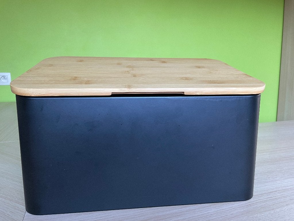 Metalen brooddoos trommel - houten deksel, Boîte à pain, Brun, Comme neuf, Bois