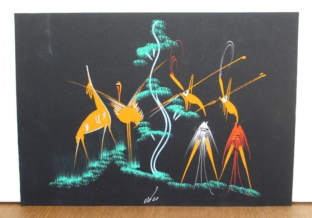 Afrikaanse, vintage Mid Century gouache, door Ubu, Antiek en Kunst, Ophalen of Verzenden