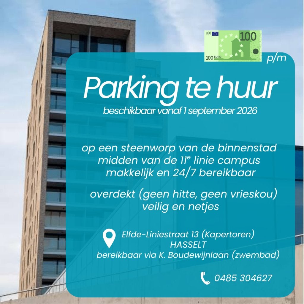 Overdekte parkeerplaats te huur Hasselt, Immo, Garages & Places de parking, Hasselt