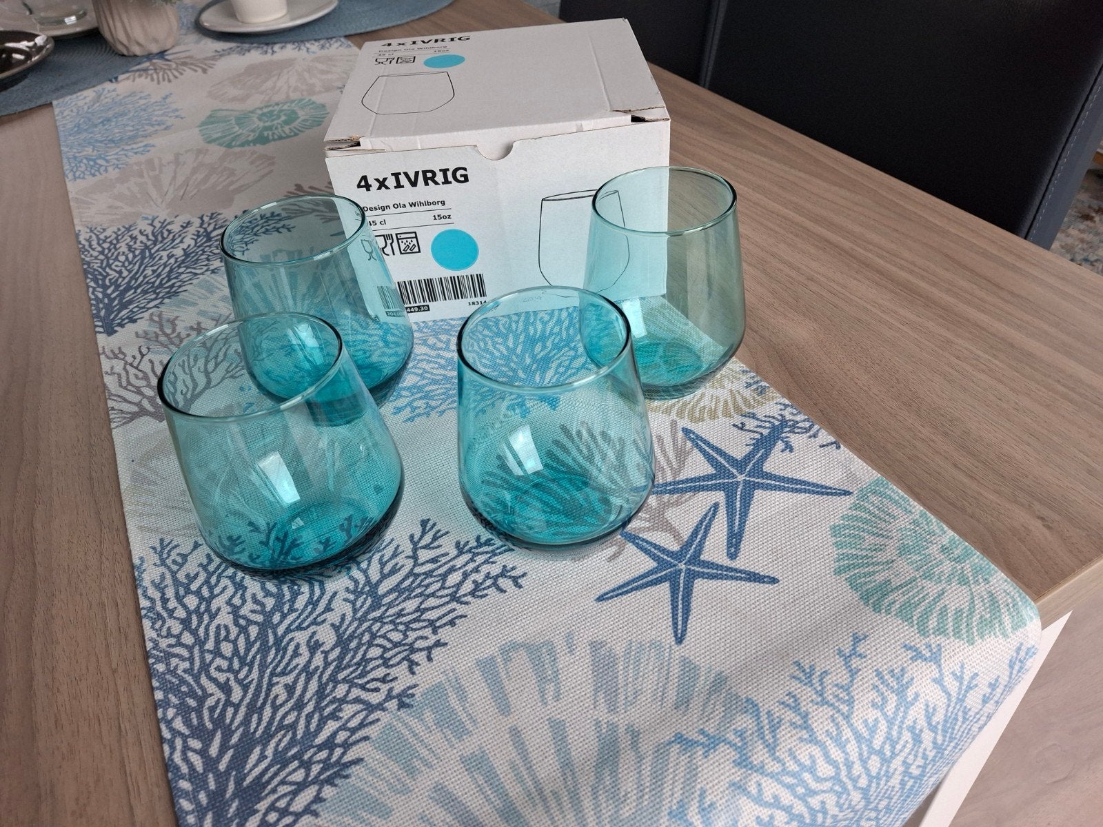 Mooi set van 4 blauwe waterglazen., Ophalen, Glas