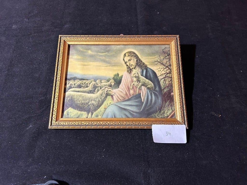 Impression ancienne Le Bon Pasteur Jésus avec des moutons, Enlèvement
