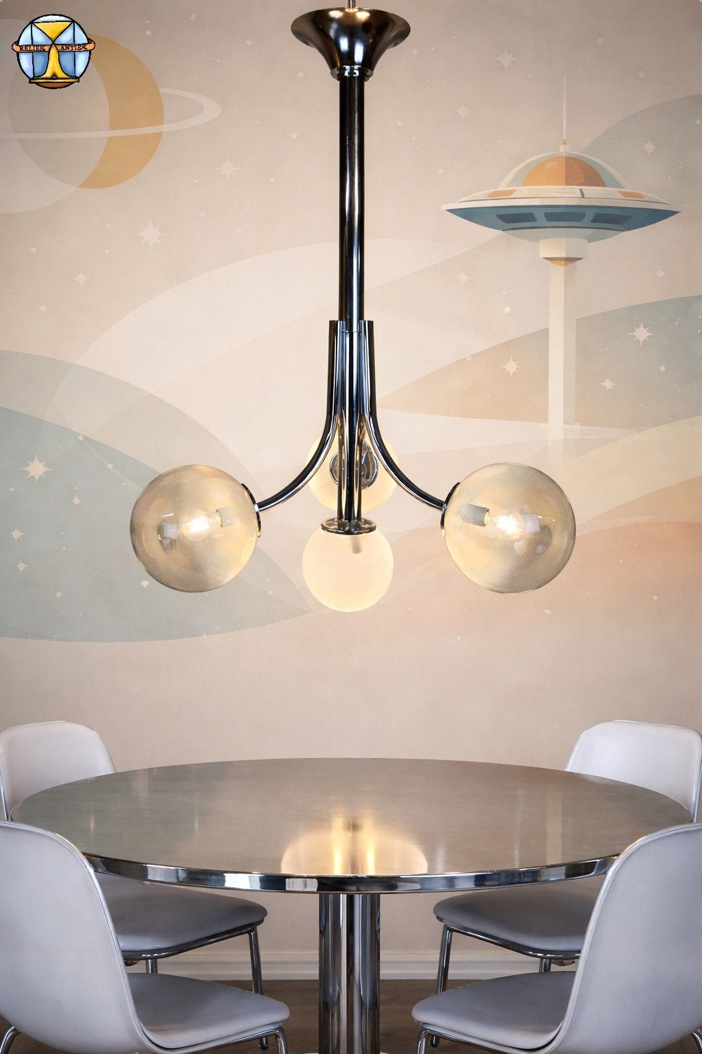 Vintage Space Age Chroom en Murano Glas Italiaanse Hanglamp, Antiek en Kunst, Ophalen of Verzenden