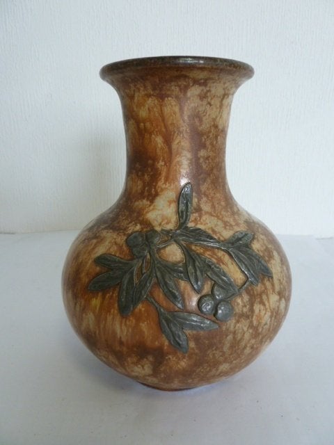 Keramiek / aardewerk vaas met Tin opleg Carlos Delsaux, Antiek en Kunst, Ophalen of Verzenden