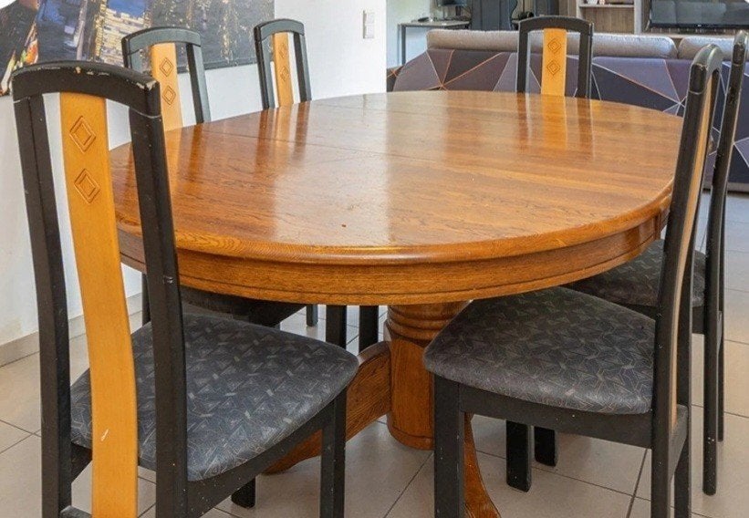 Uitschuifbaar tafel en stoelen, Huis en Inrichting, Gebruikt, 100 tot 150 cm, Eikenhout, Vijf personen of meer