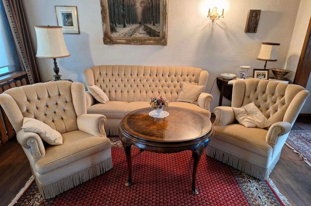 Zetel vintage Salon sofa fauteuils beige crème franjes, Huis en Inrichting, Ophalen, Zo goed als nieuw