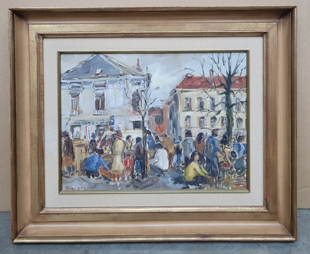 Marcel BIARD, Brocantemarkt te Gent, Antiek en Kunst, Doek, Ophalen of Verzenden, Gedateerd, Olieverf