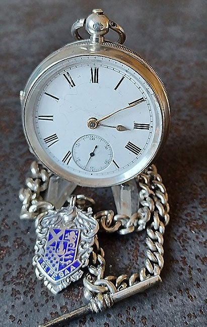 Zilveren zakhorloge + ketting en fob, Overige merken, Zakhorloge, Ophalen of Verzenden, Met ketting