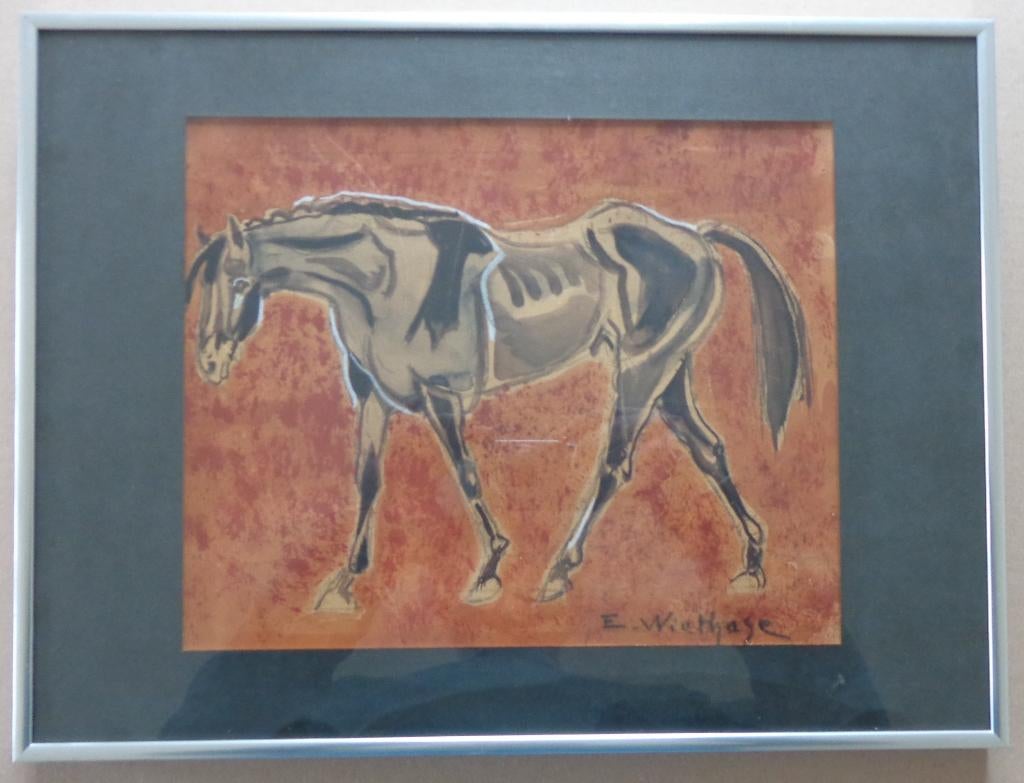EDGARD WIETHASE / PAARD / ORIGINEEL / 30x40cm / KADER / SIG, Antiquités & Art, Art | Peinture | Moderne, Enlèvement ou Envoi, Verre