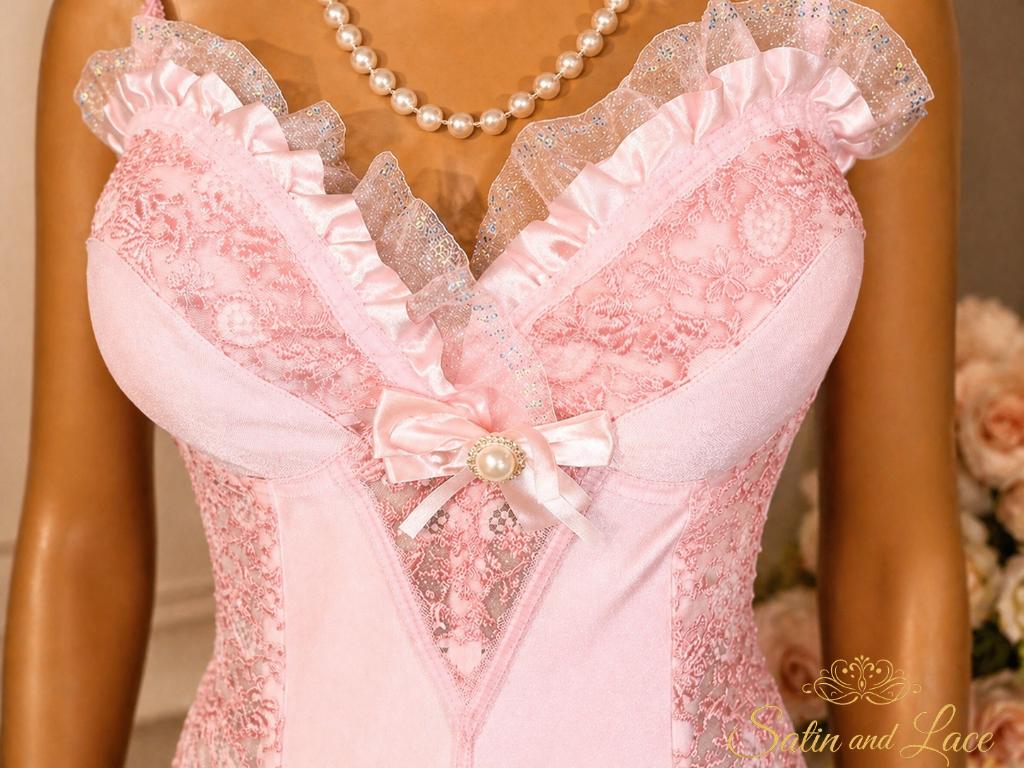 Romantic pink satin corset with delicate lace, ruffles, Handmade, Verzenden, Roze, Body of Korset