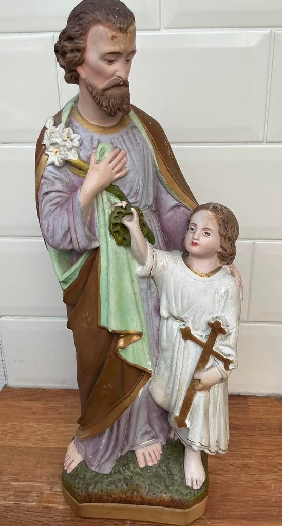 Antiek Beeld Sint-Jozef met Kind – 44 cm – Gesigneerd G.L.M., Ophalen of Verzenden