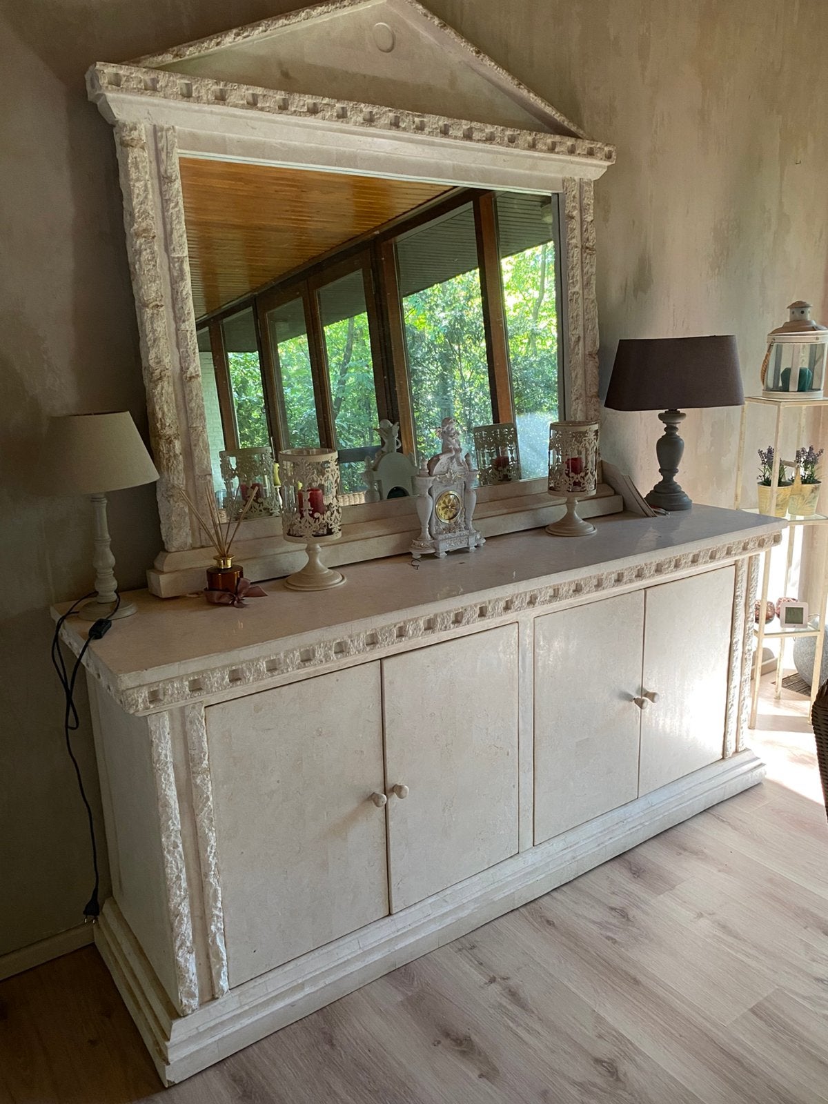 Te koop Griek dressoir , spiegel , tafel en stoelen, Ophalen, Overige materialen, Gebruikt, Met lade(s)