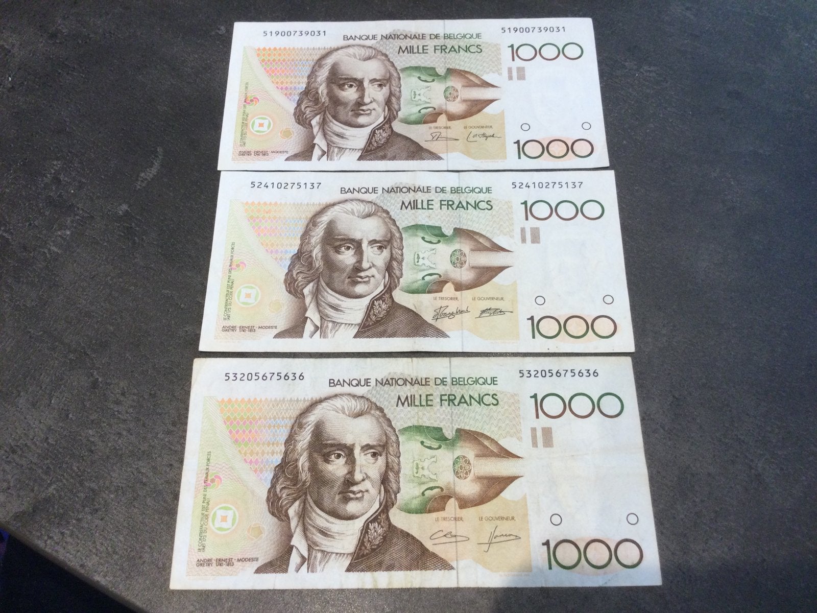 Belgique 3 x 1000 Francs type Gretry, Enlèvement ou Envoi