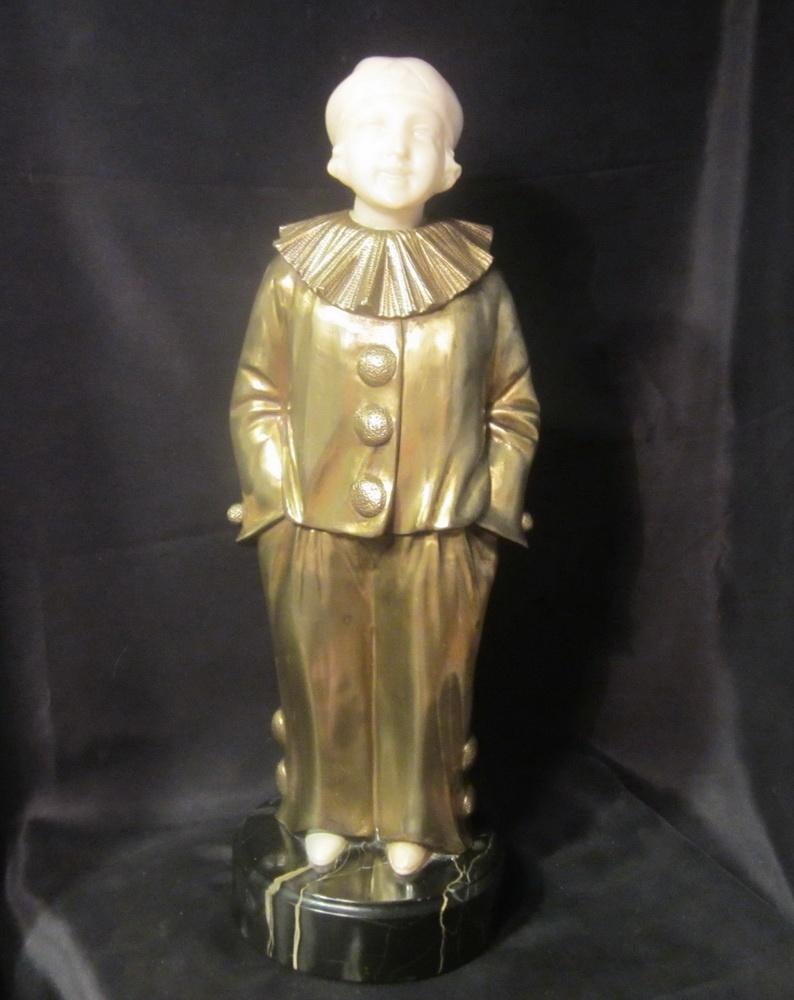 Art deco Pierrot Pierrette A. Trefoloni, bronze & albast, Verzenden, Art deco, Brons, Beeld