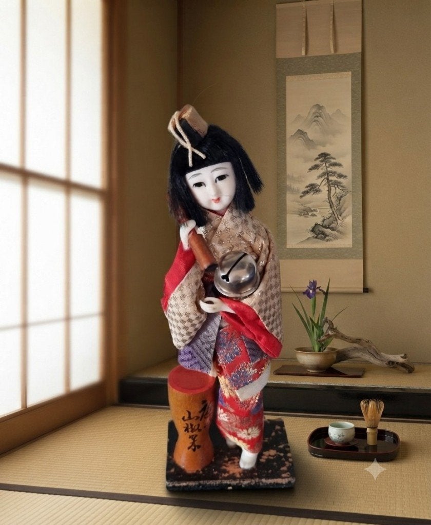 Poupée geisha japonaise vintage Jikata, 22 cm, Fait main, Japon, Autres matériaux