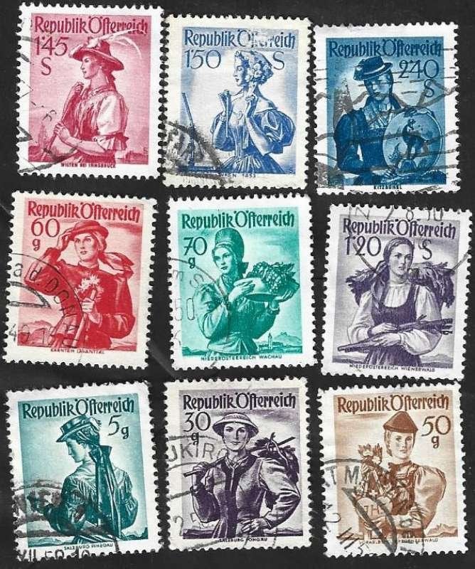 9 Postzegels Oostenrijk 1958 Klederdrachten, Ophalen of Verzenden, Gestempeld