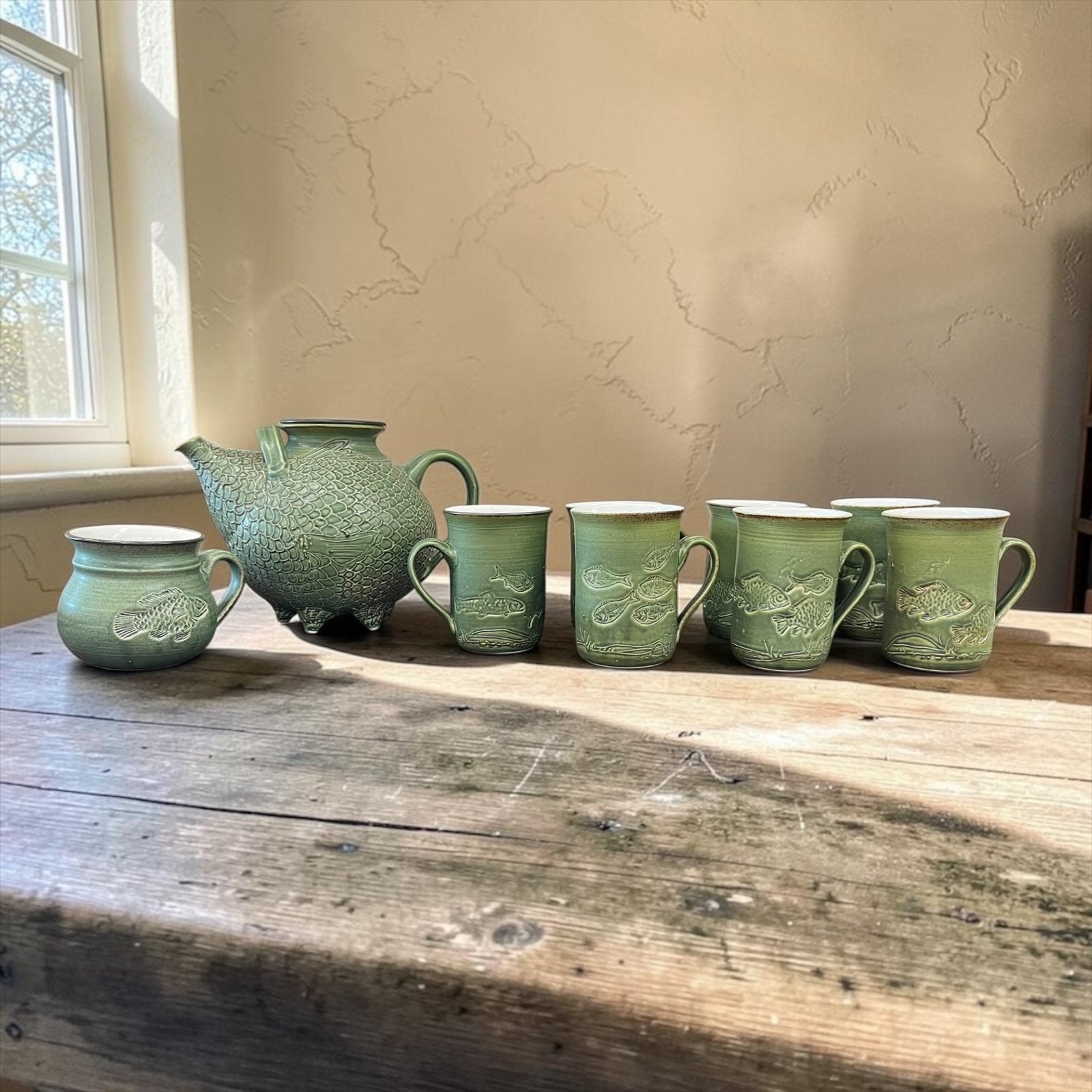 Vintage muntgroen theeservies: theepot et 6 tassen, Ophalen, Gebruikt
