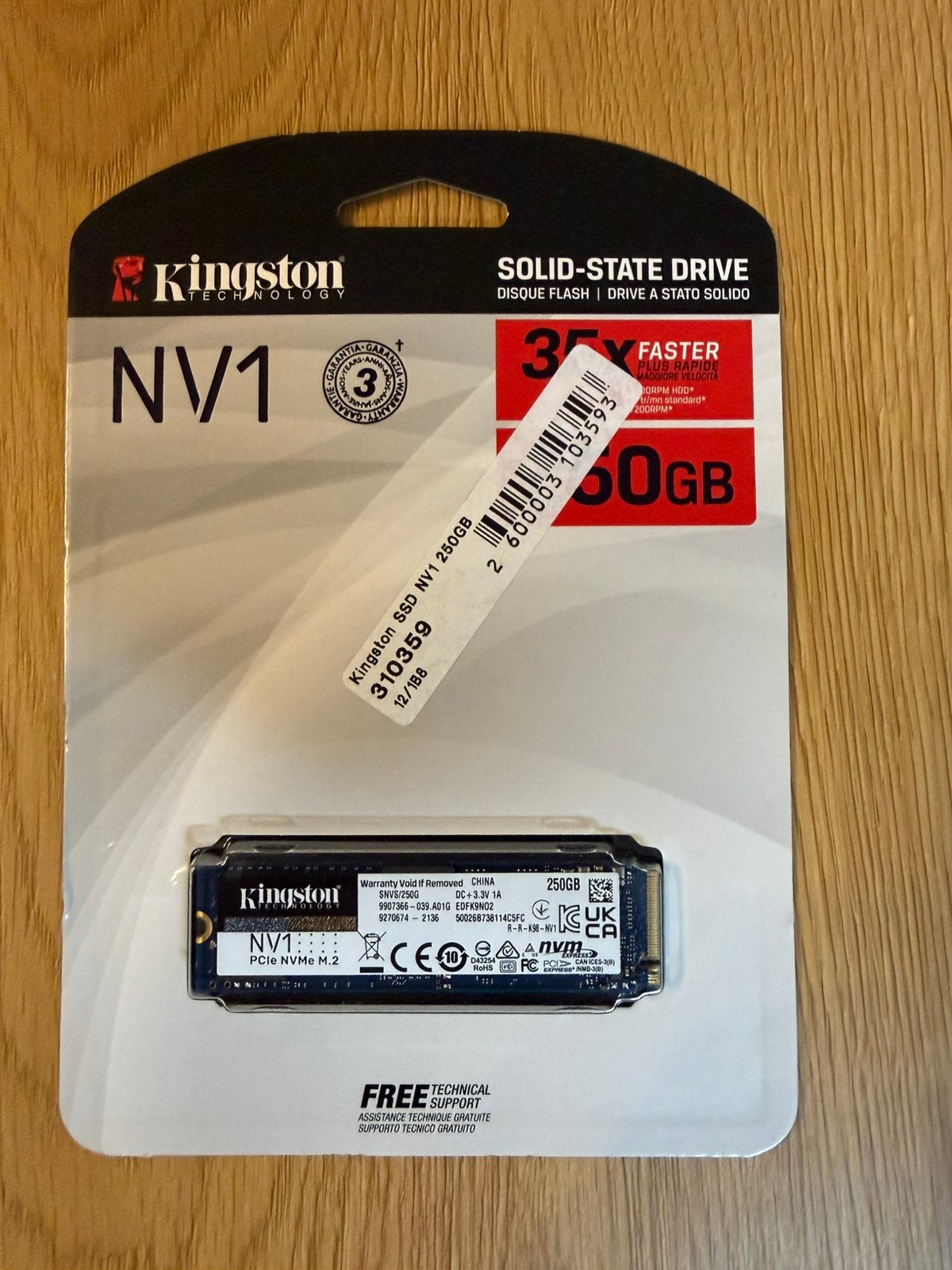Kingston NV1 250GB m.2 80ml ssd pcie 3.0 x4 3d vnand qlc, Computers en Software, Ophalen of Verzenden, Nieuw