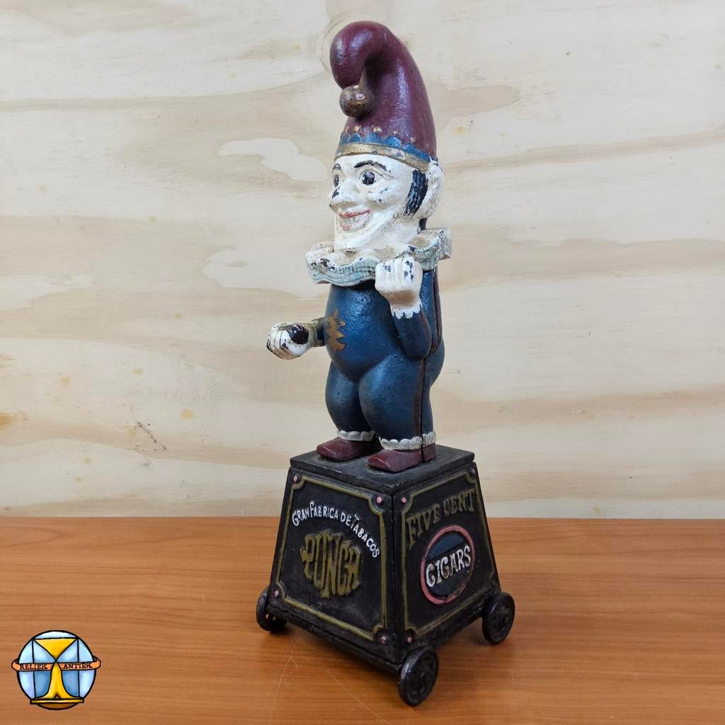 Antieke reproductie Clown / Chester gietijzeren spaarpot, Verzamelen, Spaarpotten, Ophalen of Verzenden