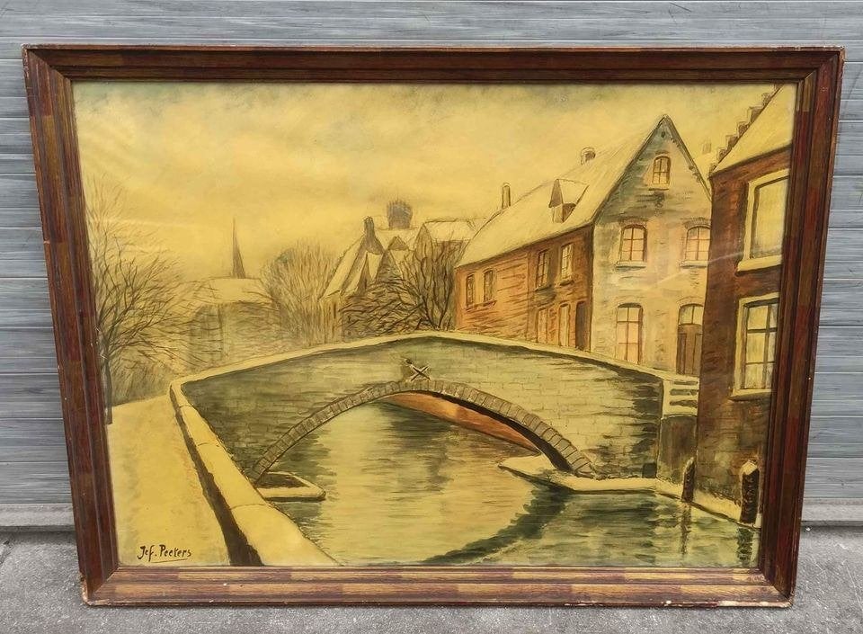 Aquarelle pont signe Jef peeters, Antiquités & Art, Enlèvement ou Envoi, Aquarelle