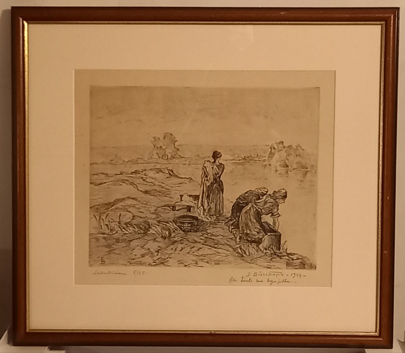 Joseph BISSCHOPS. Eau forte les lavandières, Antiquités & Art, Enlèvement ou Envoi