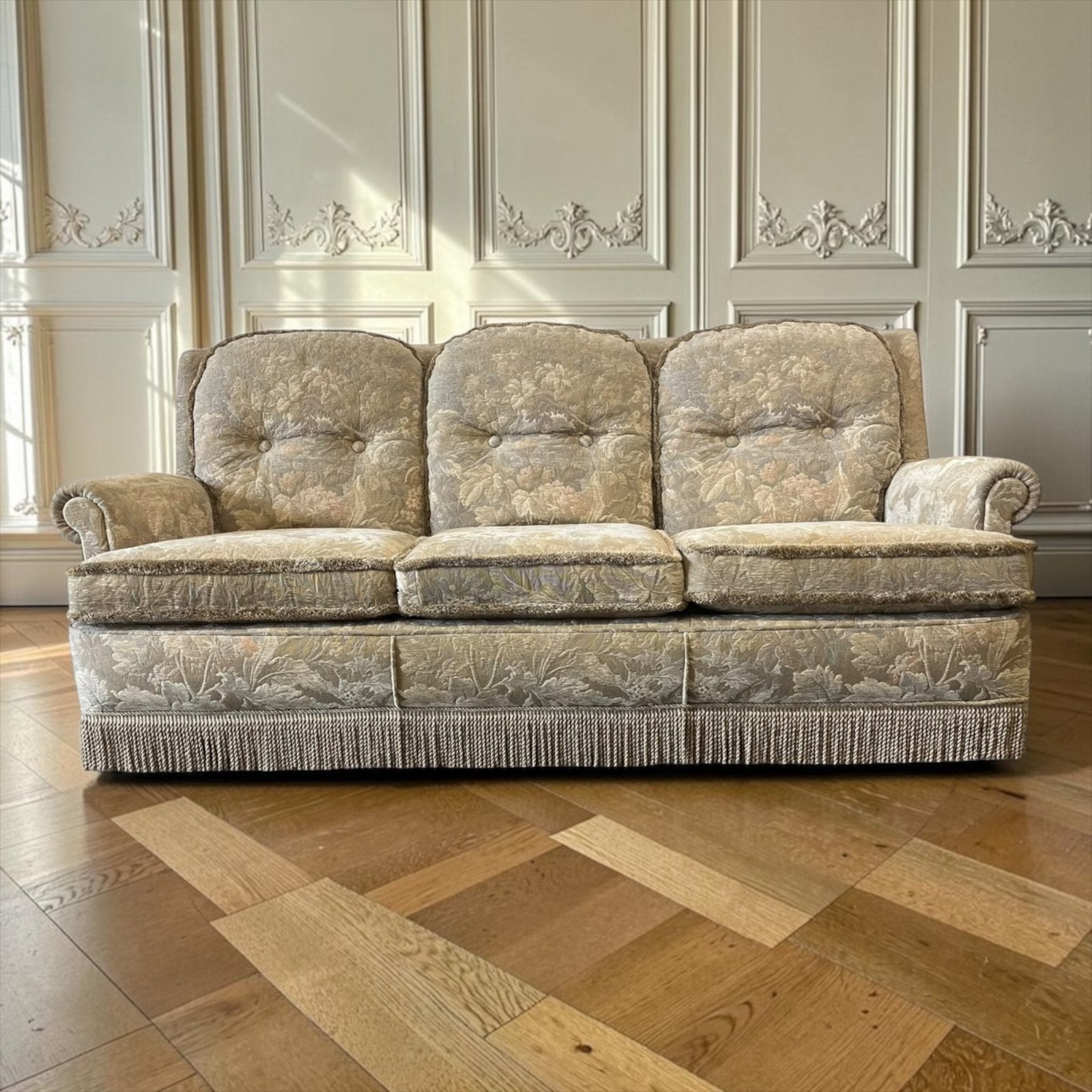 Canapé trois places vintage à motif floral beige, Enlèvement ou Envoi
