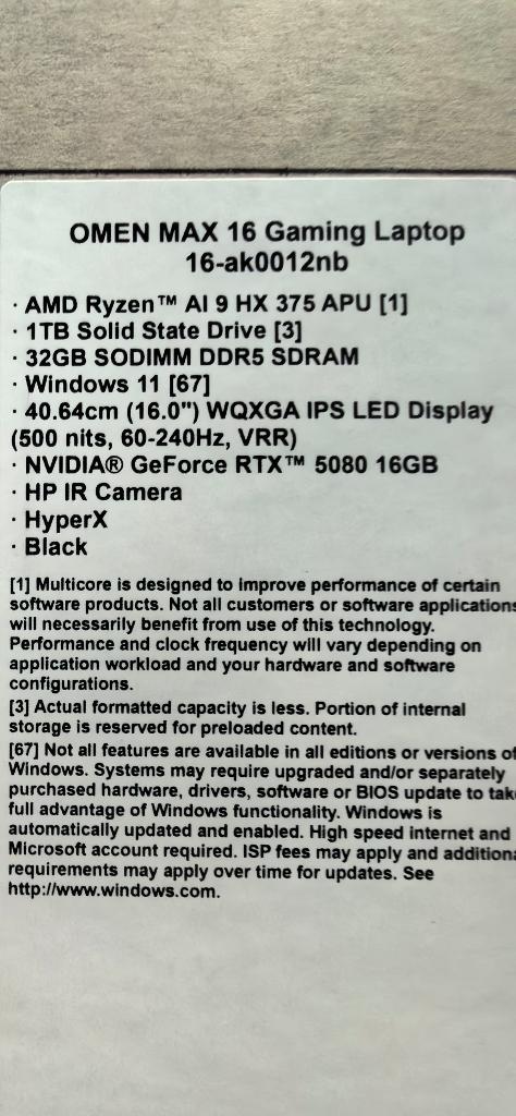 HP Omen Max 16 RTX 5080 AMD AI 9 HX 375 32GB 1 TB 3J Garant, Computers en Software, Windows Laptops, Ophalen, Met videokaart, 32 GB
