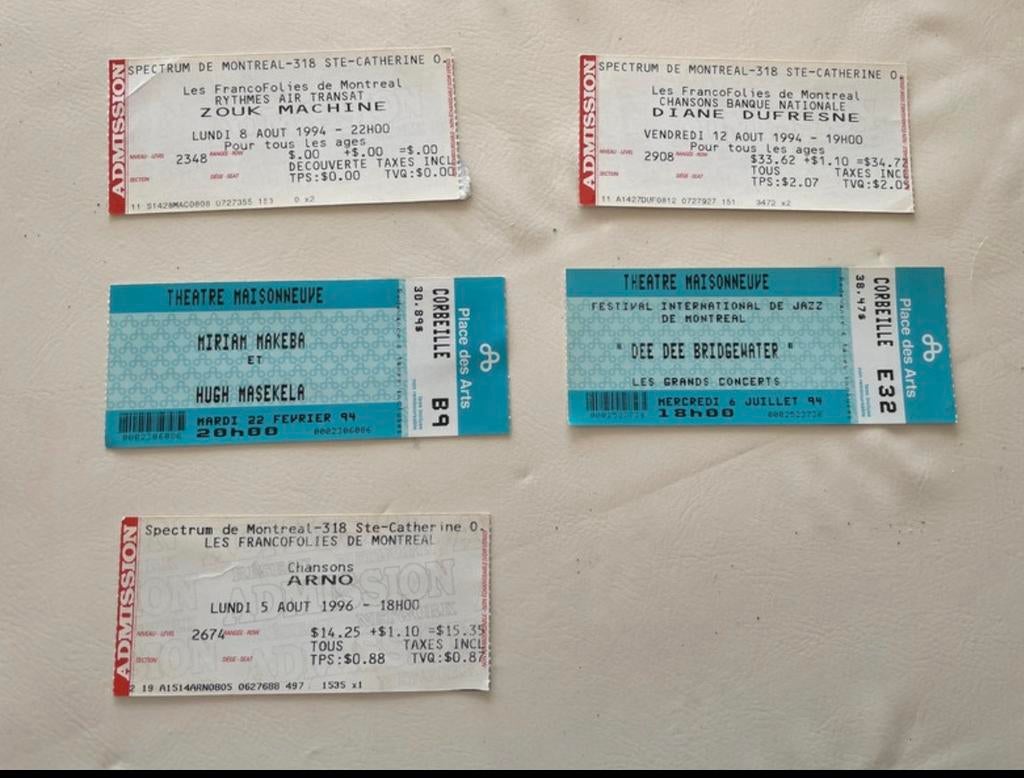 Lot billets concerts vintage Montréal 1994–1996, Enlèvement ou Envoi, Comme neuf