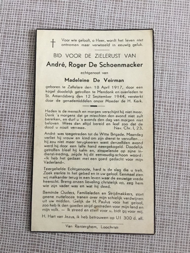 Victime de guerre De Schoenmacker Zaffelare +Mendonk 1944, Collections, Envoi, Image pieuse