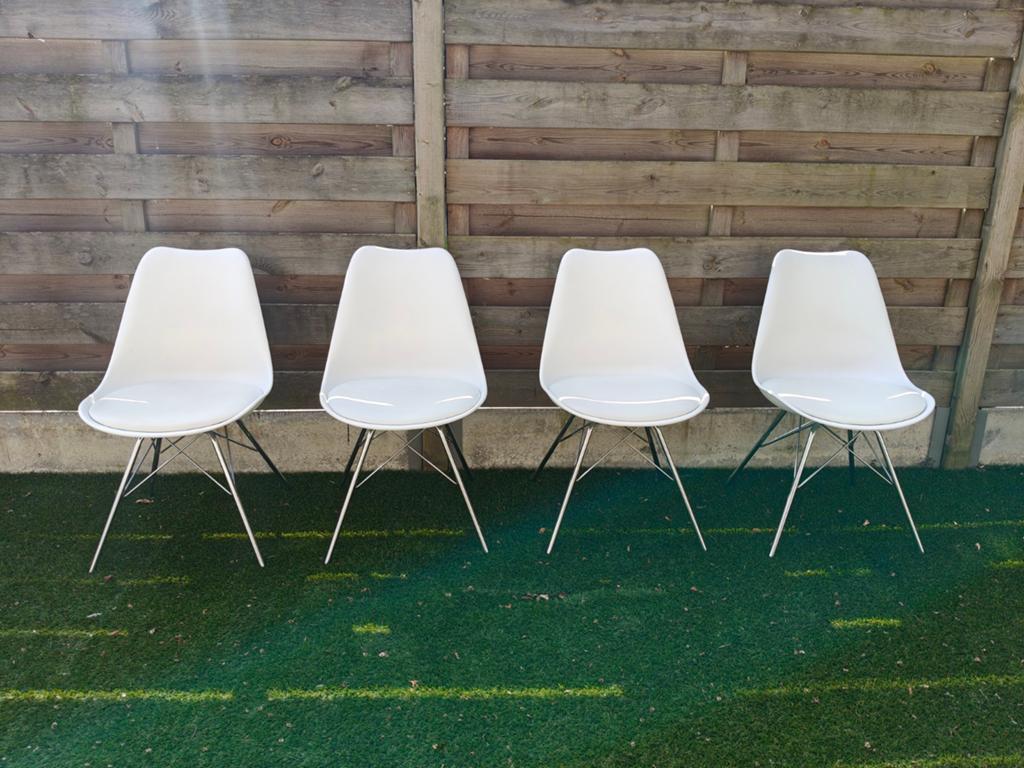 4 witte design stoelen met alu onderstel en lederen kussen, Ophalen, Wit