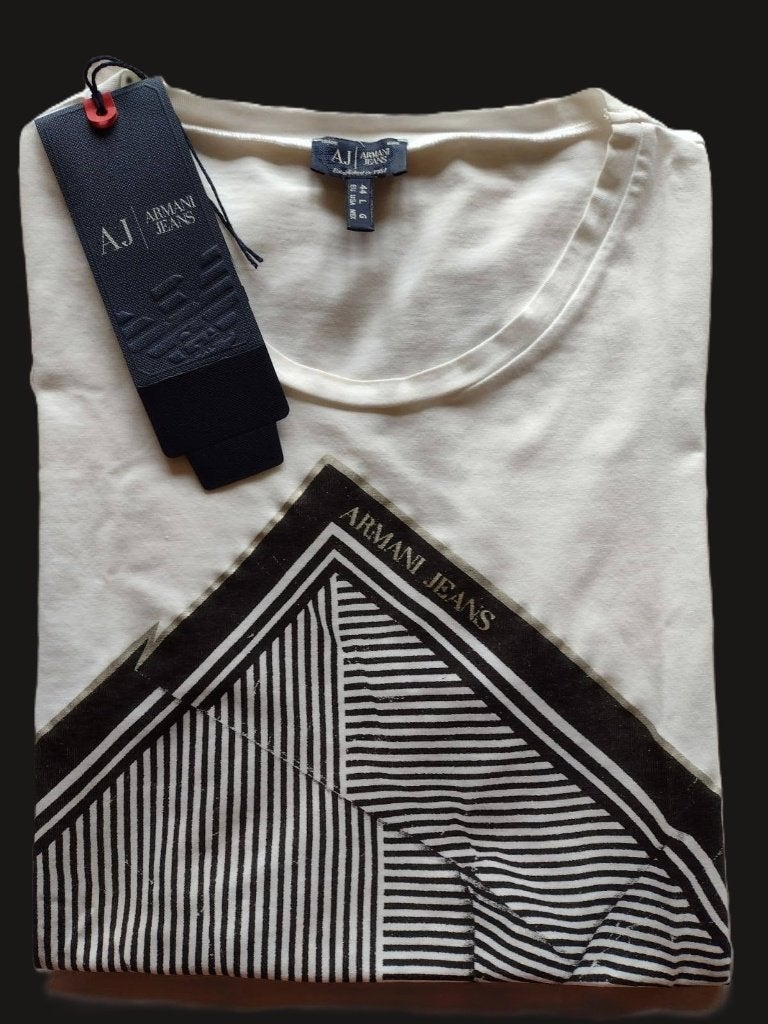 AJ T-Shirt met zwarte/goudkl. Print it 44 / EU 38, Kleding | Dames, T-shirts, Verzenden, Wit, Zo goed als nieuw, Korte mouw
