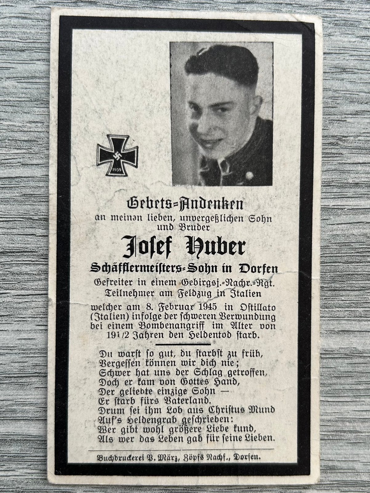 1945 : DUITSE Gebirgsjäger , gesneuveld in Italië, Verzamelen, Bidprentjes en Rouwkaarten, Ophalen of Verzenden
