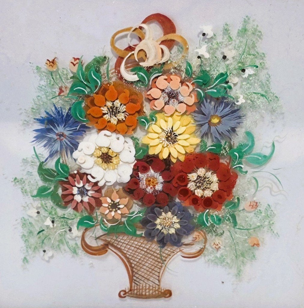 Peinture derrière verre., Antiquités & Art, Enlèvement ou Envoi, Encadré, Fleurs, Autres supports