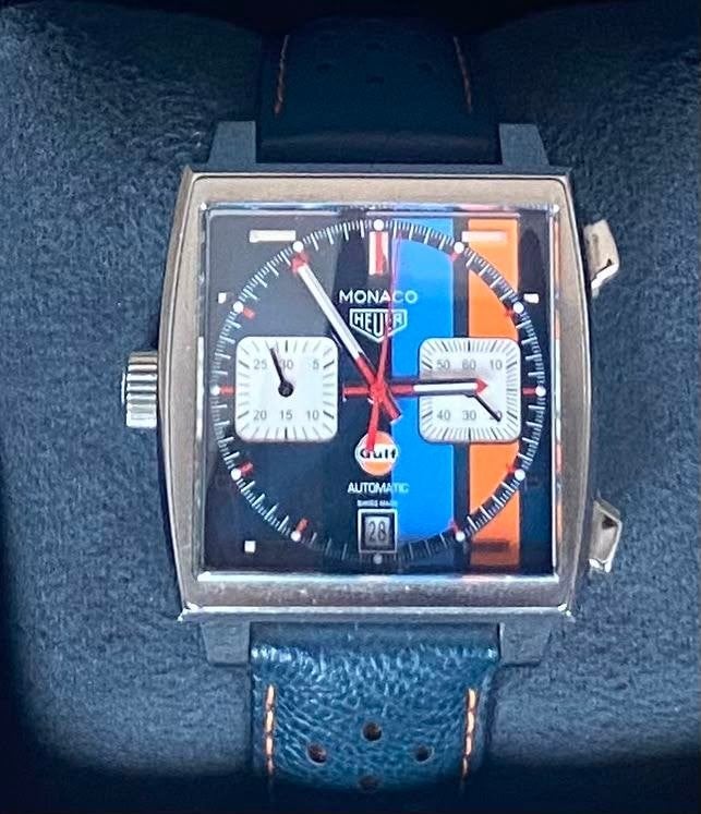 TAG Heuer Monaco Gulf Calibre 11 – Special Edition – 2021, Handtassen en Accessoires, Horloges | Heren, Zo goed als nieuw, Polshorloge
