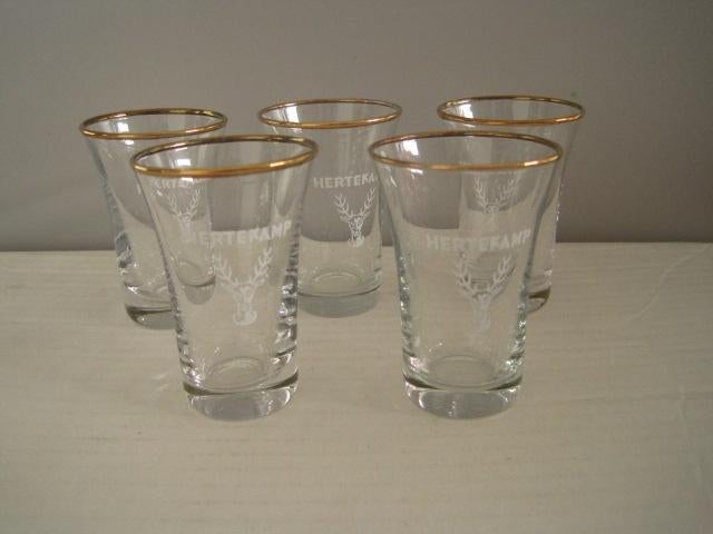 Hertekamp borrelglas met gouden rand, 5 stuks, Verzamelen, Ophalen of Verzenden, Gebruikt, Borrel- of Shotglas