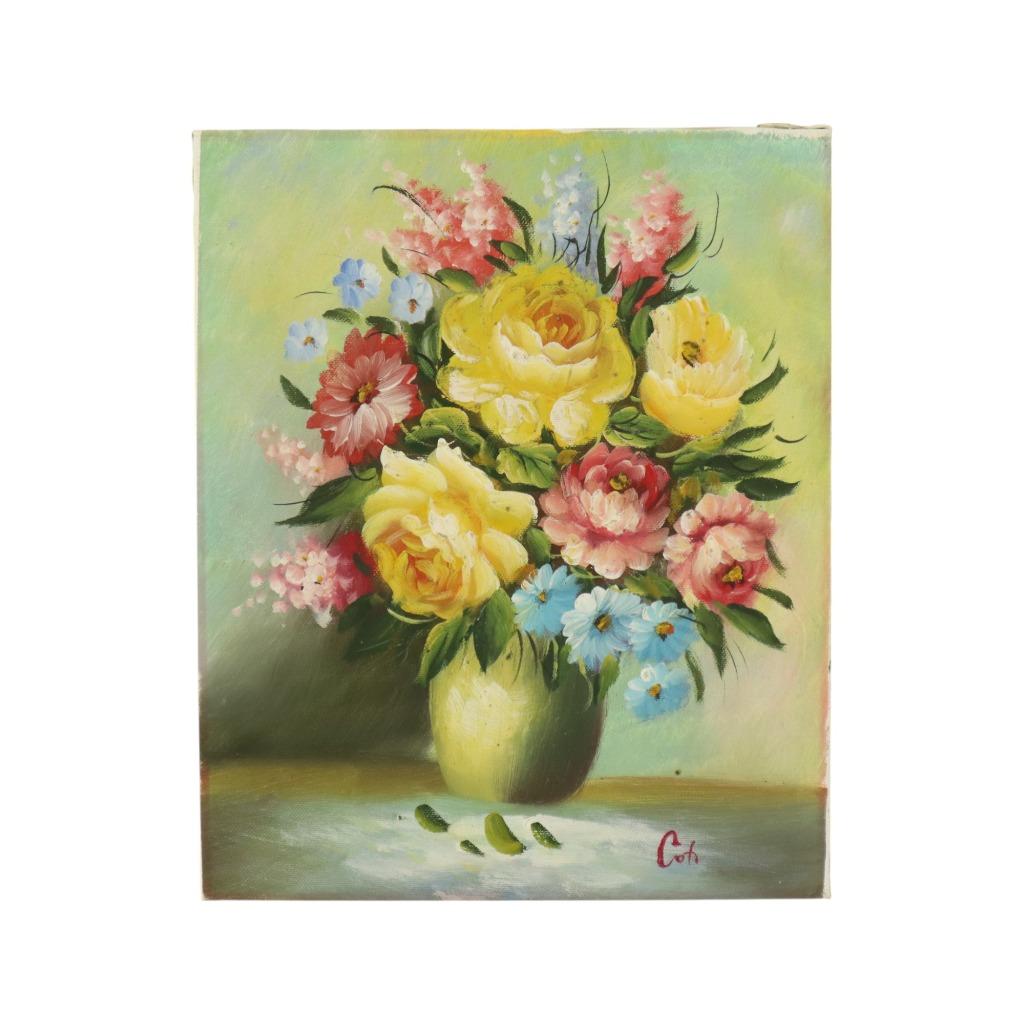 Bloemen in Vaas Stilleven Schilderij Amateur Gesigneerd 27cm, Ophalen of Verzenden