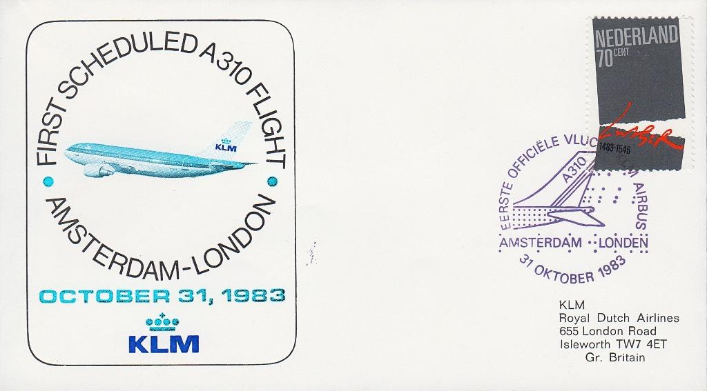 1983 - PAYS-BAS - Premier vol de l'A310 [Y&T 1210], Envoi, Après 1940, Affranchi