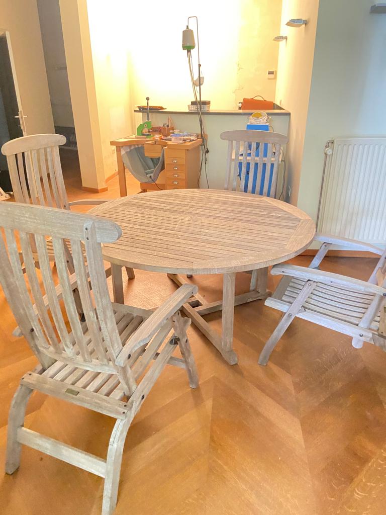 tuintafel en stoelen, Tuin en Terras, Ophalen, Zo goed als nieuw, Hout, Inklapbaar