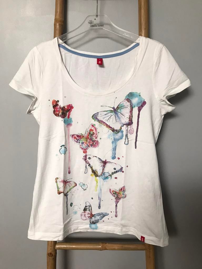 Edc Esprit wit t-shirt met veelkleurige vlinders, Edc esprit, Gedragen, Wit, Korte mouw