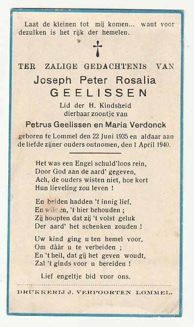 Joseph GEELISSEN Verdonck Lommel 1935 - 1940 (kind), Verzamelen, Bidprentjes en Rouwkaarten, Verzenden, Bidprentje