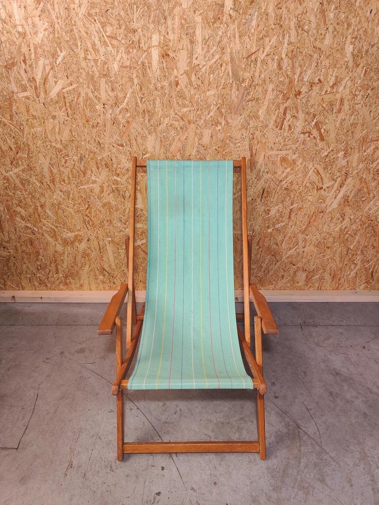 Houten Klapstoel met Retro Stof – jaren '60/'70, Tuin en Terras, Gebruikt, Warandestraat 51, Nazareth, Info@keukiesshop.com, Verstelbaar