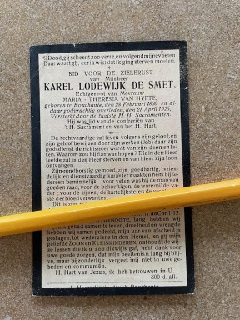 BOUCHAUTE KAREL LODEWIJK DE SMET  1830 en er overleden 1925, Ophalen of Verzenden, Bidprentje