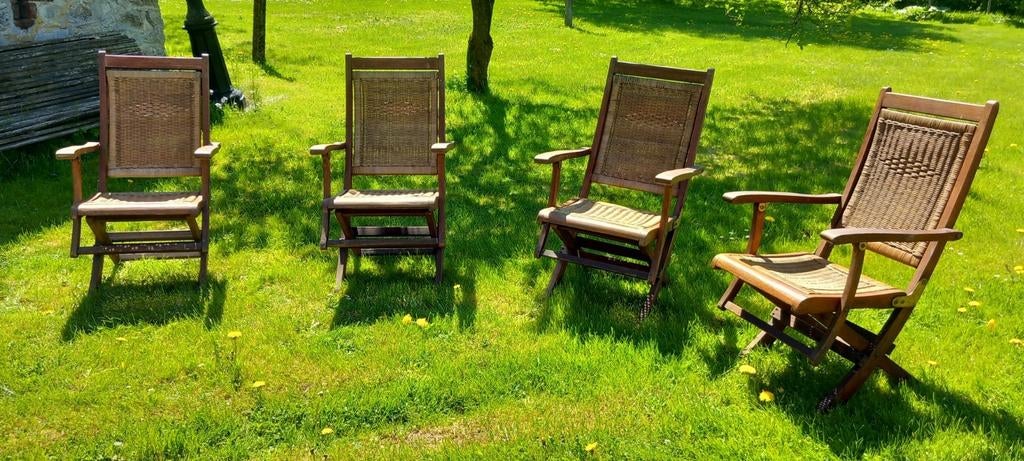 4 anciennes chaises de jardin en bois exotique et rotin, Enlèvement, Utilisé, Bois