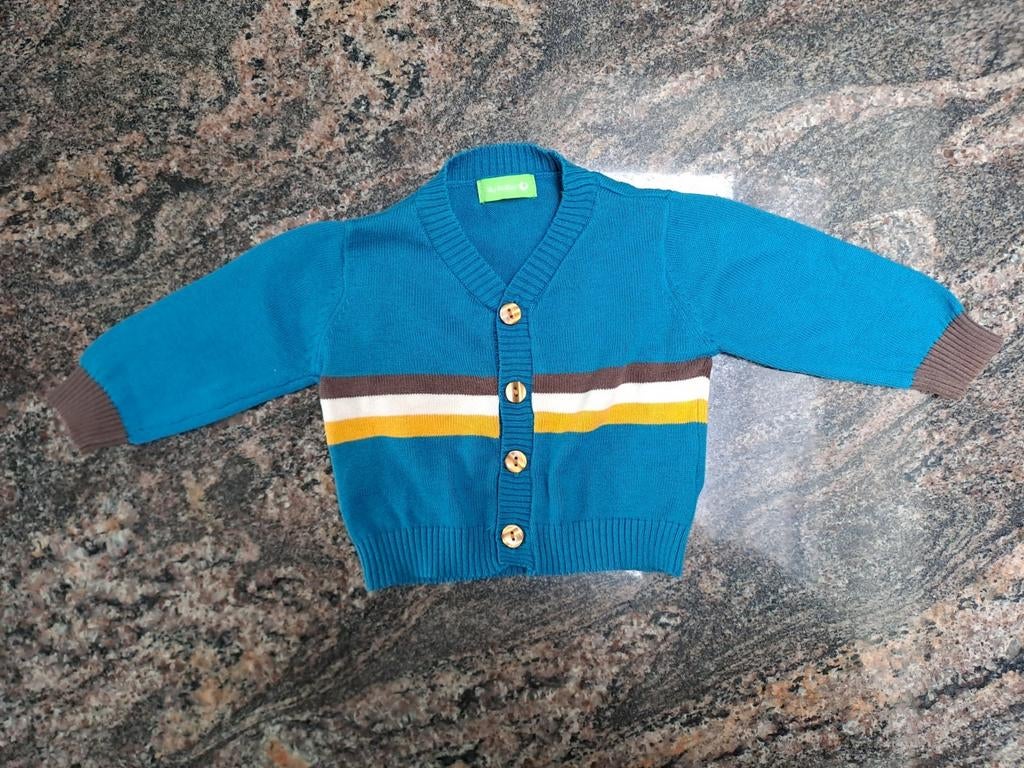 Mt 62 Turquoise gebreide gilet bruine, witte, gele streep, Kinderen en Baby's, Lily Balou, Truitje of Vestje, Ophalen of Verzenden