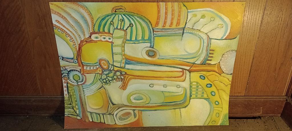 Abstract gemengd schilderij gesigneerd Serge Montegnies,n570, Ophalen