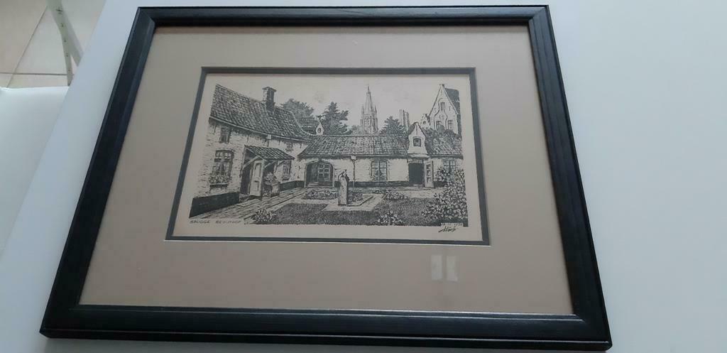 Prachtige tekening begijnhof Brugge 1956., Ophalen of Verzenden