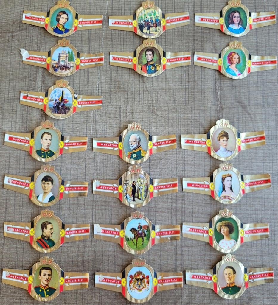 19 oude sigarenbandjes: Dynastie, koningen, prinsen,..., Ophalen of Verzenden, Gebruikt, Sigarenbandjes