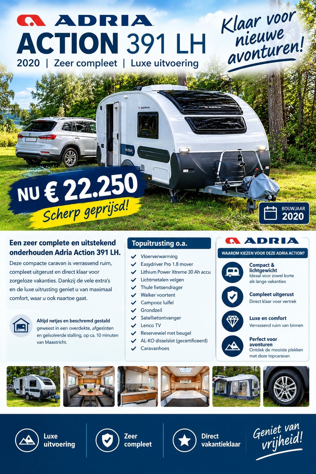 Adria Action 391 LH -prijsverlaging van €22950 naar €22250 !, Treinzit, Particulier, Adria, 4 tot 5 meter