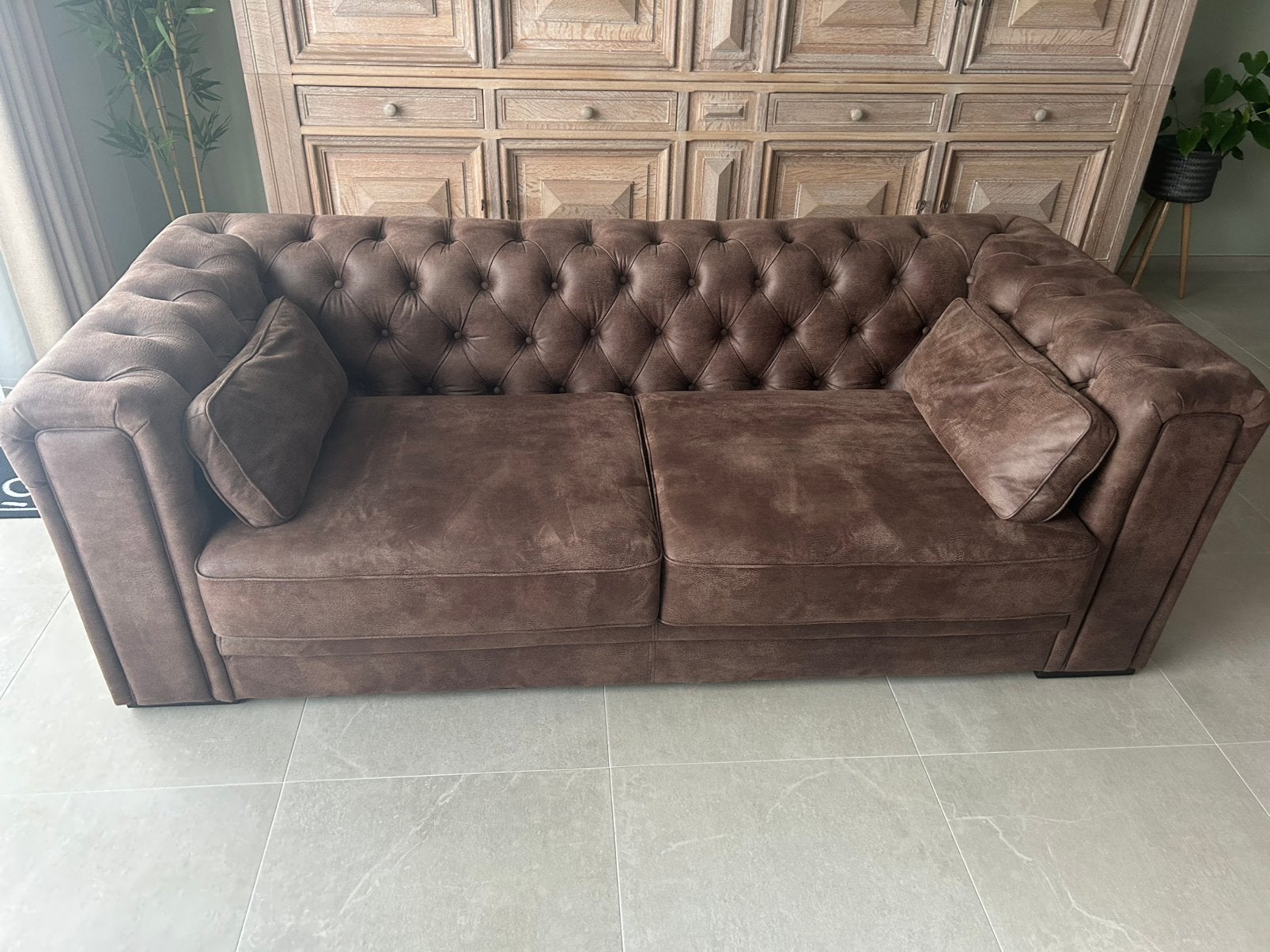 3 zit Chester look bruin stof, Maison & Meubles, Canapés | Salons, Enlèvement, Comme neuf, Tissus